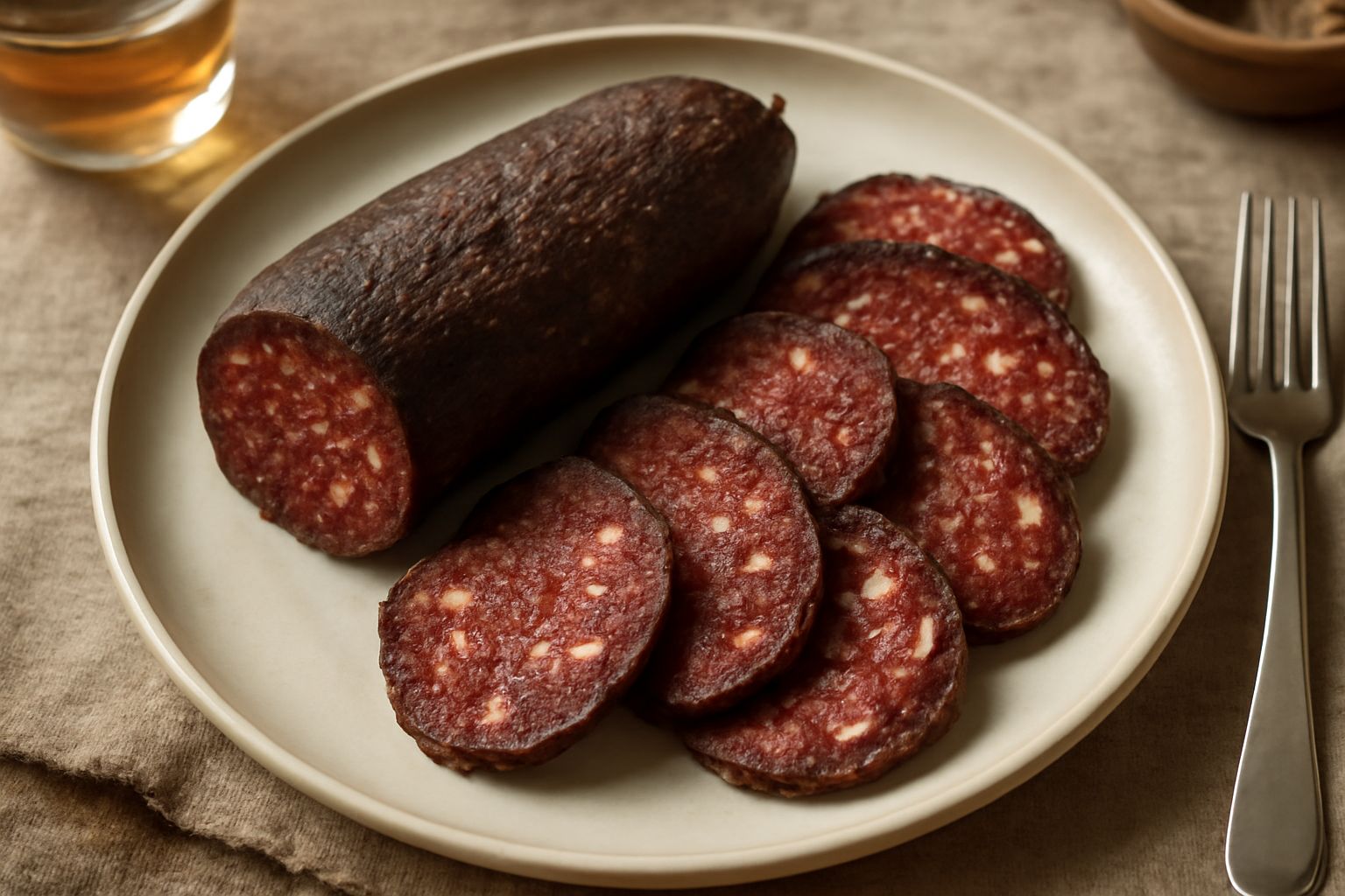 Fette di salami di Modica tagliate a spessore medio, con il ripieno rosso punteggiato di bianco, disposte su un tagliere di legno scuro con una coltellata di maiale sullo sfondo