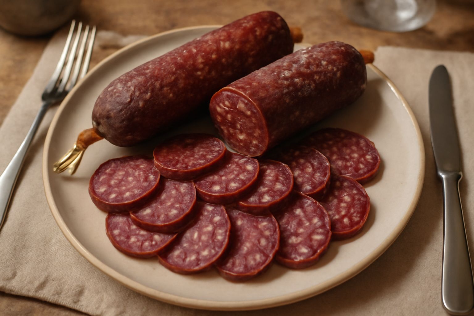 Salami di suino nero appena affettati, mostrando la marmorizzazione del grasso, colore rosso scuro omogeneo, disposti su tagliere di legno con superficie irregolare, accanto a coltello e qualche chicc