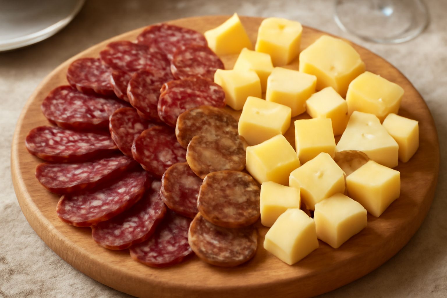 Tagliere di legno con salami affettati in diverse tonalità di rosso e marrone, formaggi a pasta dura e semidura, noci, pane tostato, su sfondo rustico con coltelli in acciaio