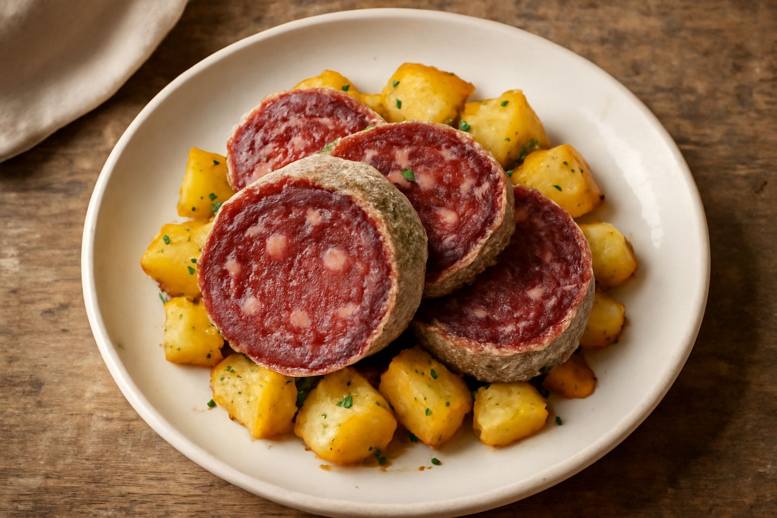 Fette di salame marchigiano rosso scuro con grana di pepe nero visibile, tagliate a rondelle su un tagliere di legno con sfondo sfuocato di erbe e spezie