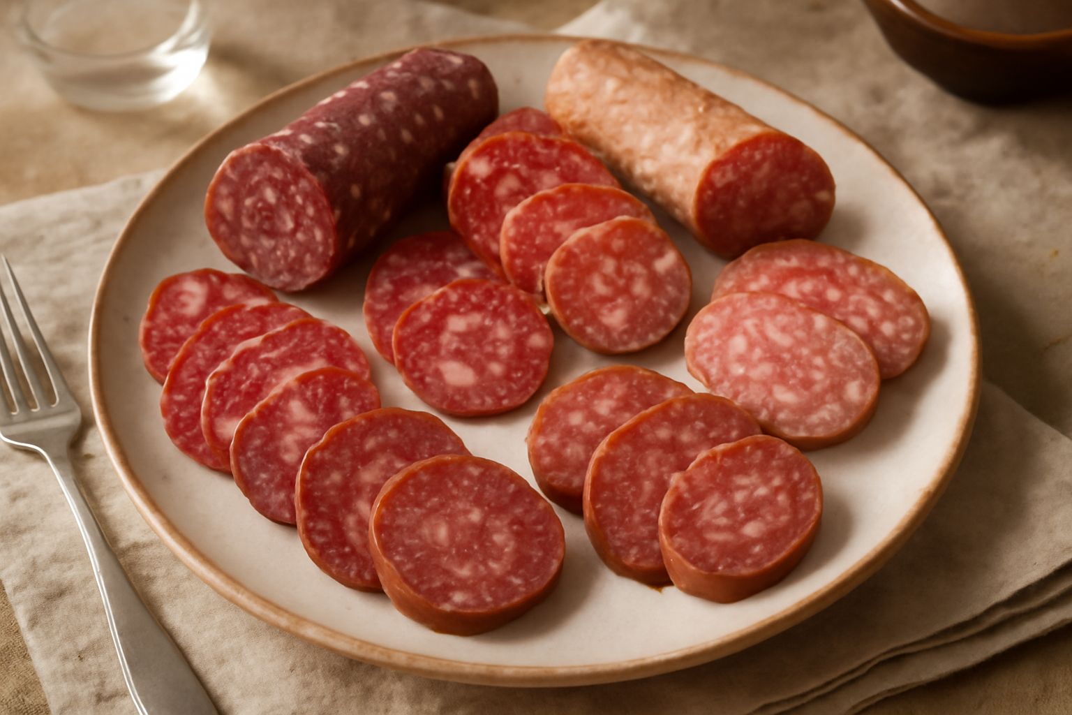 Assortimento di salami misti trentini affettati su una tavola di legno, mostrando diversi colori dal rosso scuro al rosa più chiaro, con spezie visibili nella pasta di carne