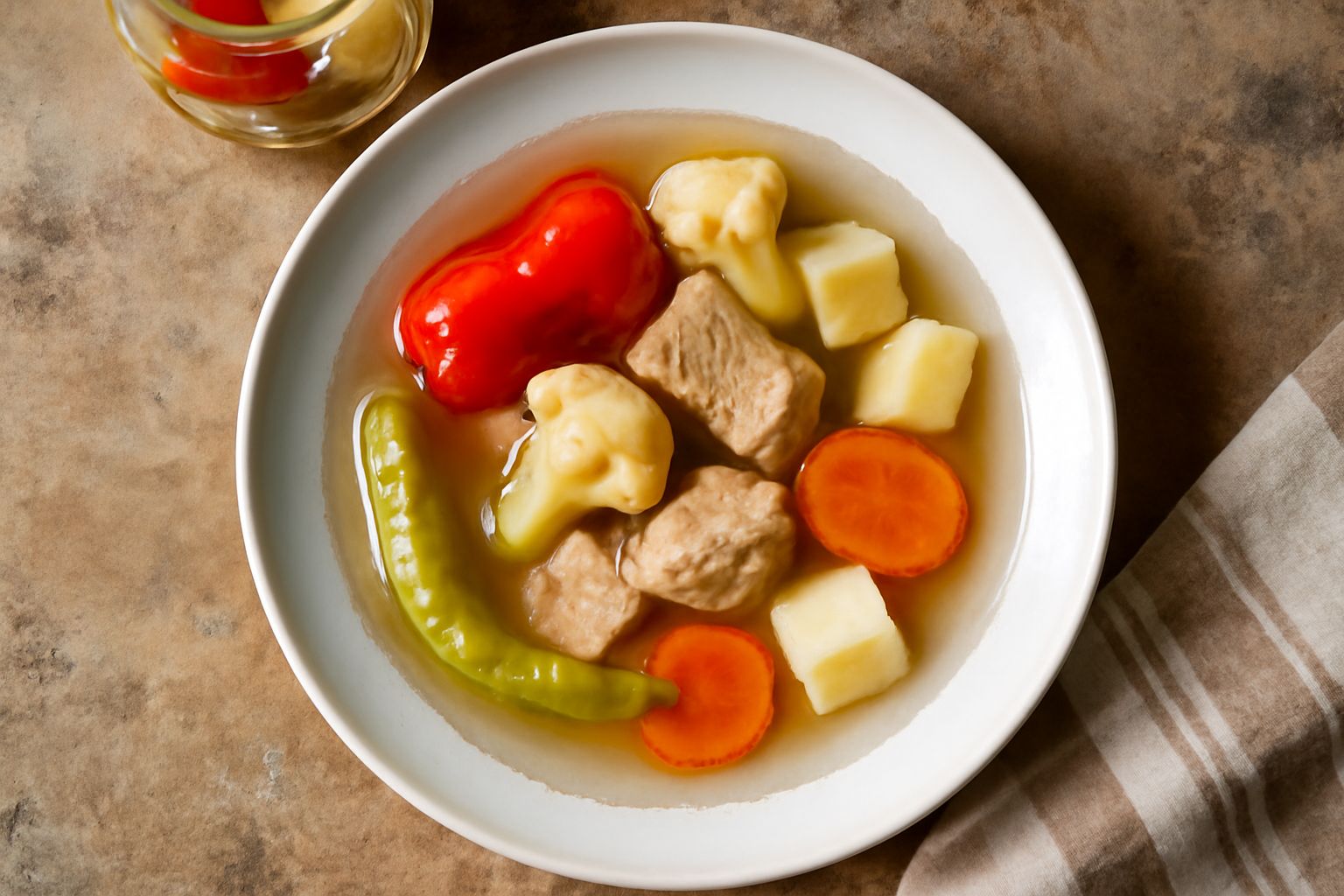 Un barattolo di vetro trasparente pieno di acqua salata chiara con fette di cipolla bianca, rami di rosmarino fresco e bacche di ginepro, su un piano di legno chiaro con un cucchiaio di metallo accant