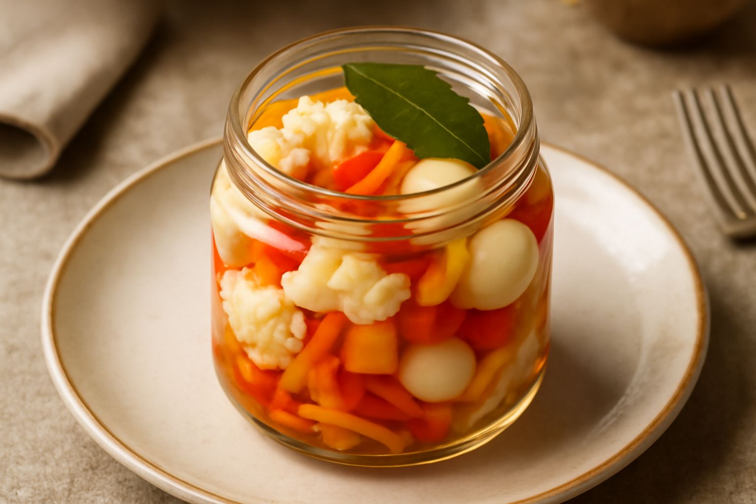 Vasetto di vetro con verdure miste in salamoia: cavolfiore bianco, carote arancioni, peperoni rossi e gialli, cipollini bianchi, tutto sommerso in liquido trasparente con foglie di alloro e grani di p