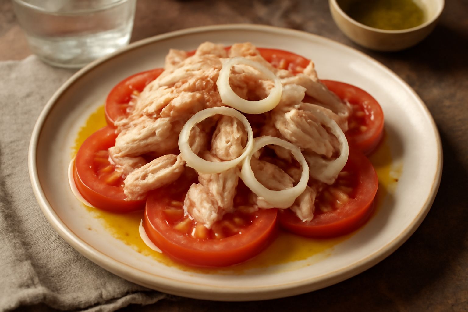 Insalata in ciotola con tonno bianco a scaglie, pomodori rossi affettati, cipolla trasparente cruda e fili d'olio lucido in superficie, servita su piatto bianco