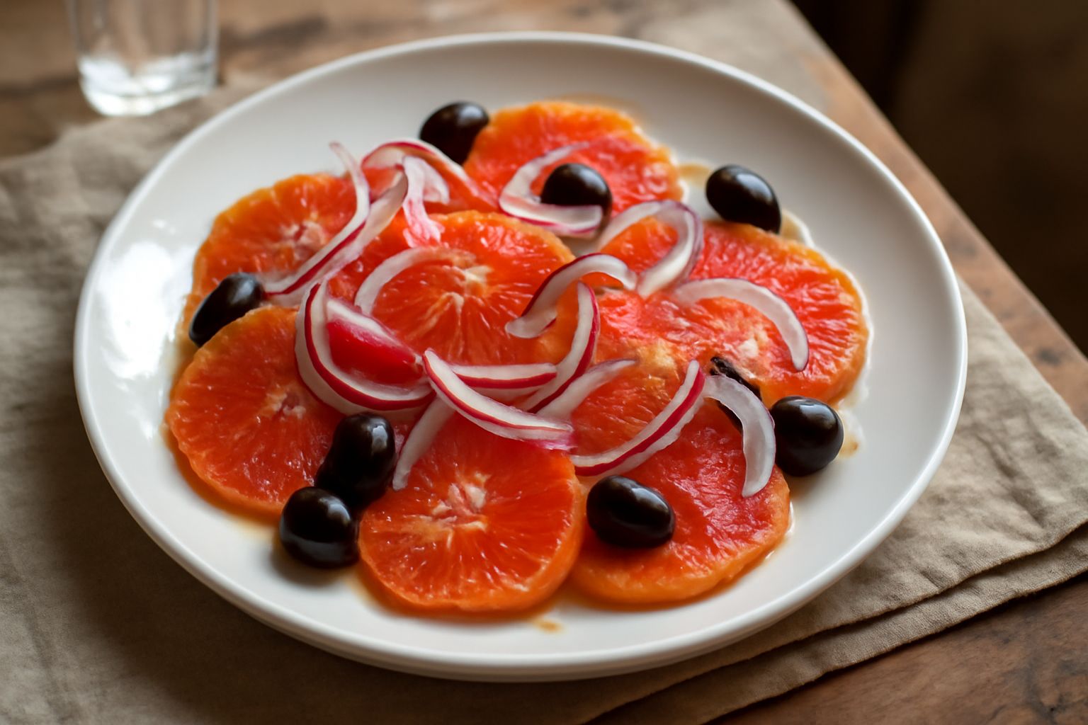 Piatto bianco con spicchi d'arancia trasparenti e brillanti, cipolla rossa a fette sottili, olive nere intere, un filo di olio verde oliva che luccica sulla superficie, servito a temperatura ambiente