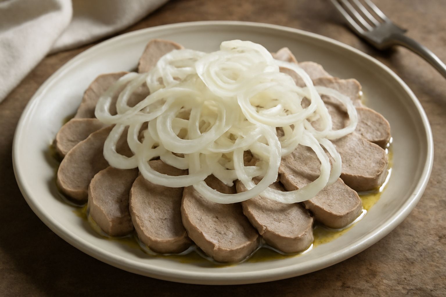 Salata de cojoni de can in un piatto bianco: frattaglie tagliate a fette, color grigio-beige, cosparse di cipolla bianca affettata sottile, condite con olio verde oliva, con fondo di aceto balsamico v