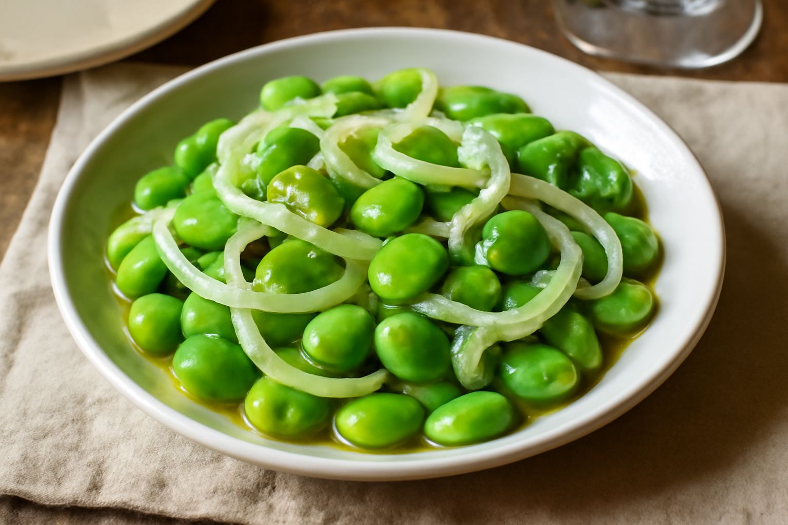 Insalata di fave verdi brillanti in una ciotola bianca, con fettine di cipolla bianca, gocce di olio d'oliva e una spolverata di pepe nero, su un tavolo di legno con limone fresco a lato