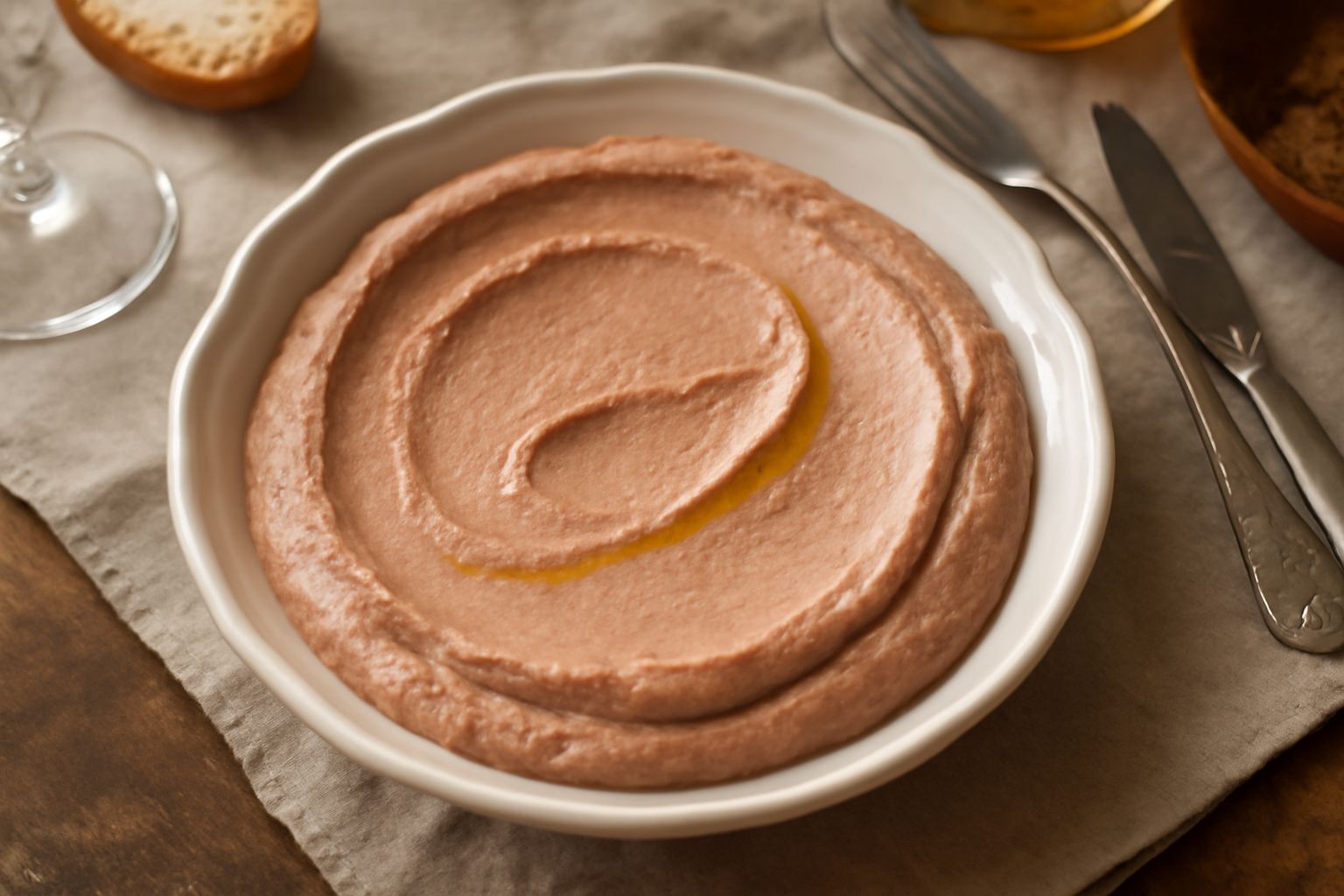 Salata de fegato d'oca color marrone rosato servita in una ciotola di ceramica, con superficie cremosa e ondulata, guarnita con una foglia di prezzemolo e accompagnata da fette di pane tostato sul bor