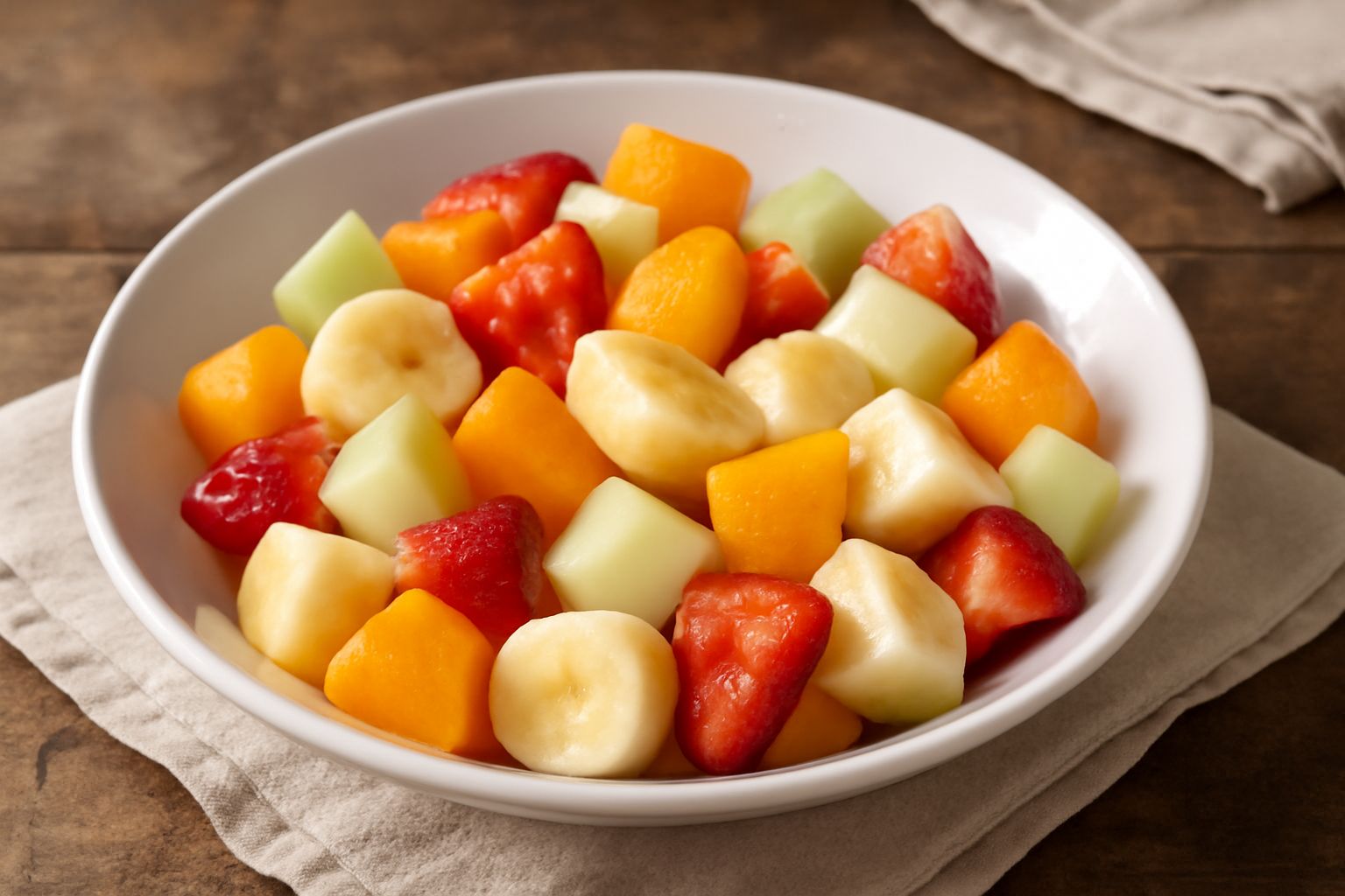 Ciotola di vetro trasparente riempita di cubetti di frutta colorata, mele rosse, banane gialle, fragole rosse, melone arancione, uva bianca e scura, con gocce di umidità sulla superficie esterna della