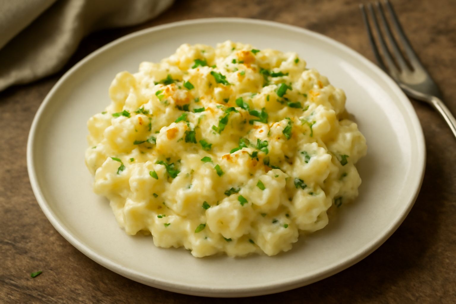 Insalatiera di vetro trasparente con salata di patate color avorio e giallo, visibili cubetti di patata morbida, erbe verdi sparse in superficie, condimento lucido, su tavolo di legno chiaro con luce 