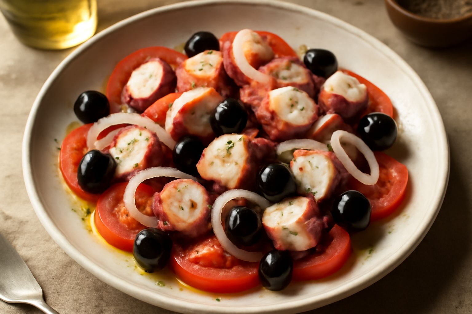 Insalata di polpo crudo marinato in bianco e arancione, con pezzi di polpo traslucidi, pomodori rossi, olive nere, cipolle sottili, il tutto in un piatto bianco con olio d'oliva lucido