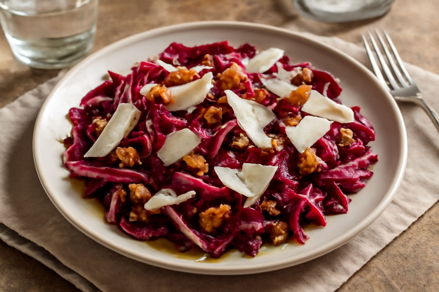 Insalata di radicchio rosso a foglie sottili e brillanti, scaglie di formaggio parmigiano disposte in superficie, olio d'oliva che brilla, noci tostate sparse, su un piatto bianco con bordo ampio