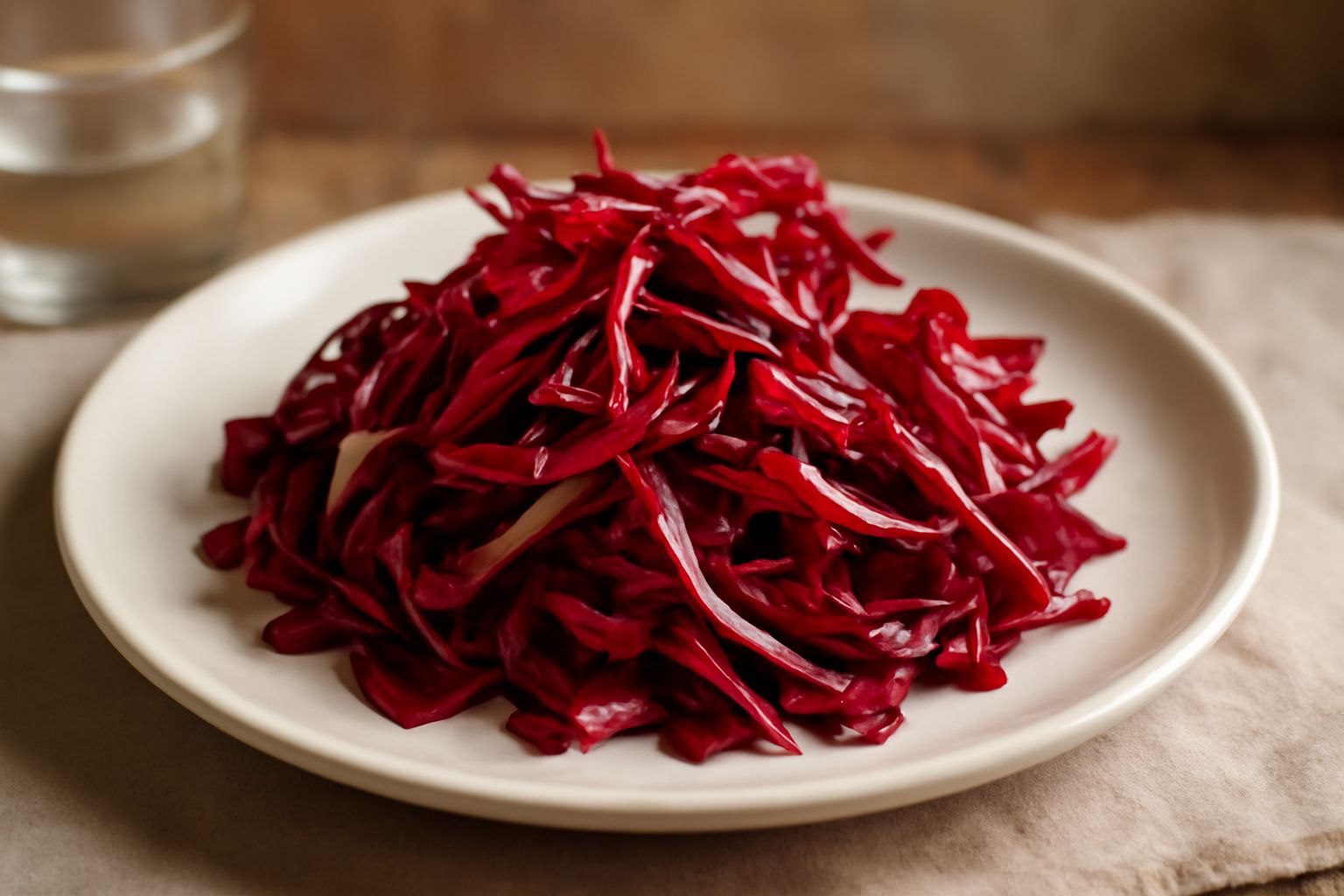 Insalata di radicchio rosso in una ciotola bianca: fettine sottili di radicchio cremisi con striature bianche, brillante di olio, con una piccola ciotola di sale marino accanto