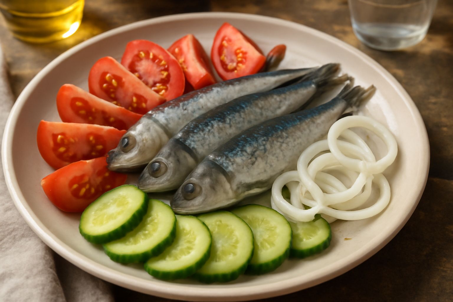 Piatto di ceramica bianca con sardine intere grigio-argento disposte a raggiera, pomodori rossi a spicchi, cetrioli verdi affettati, cipolla bianca, insalata verde e un filo d'olio d'oliva dorato, ser