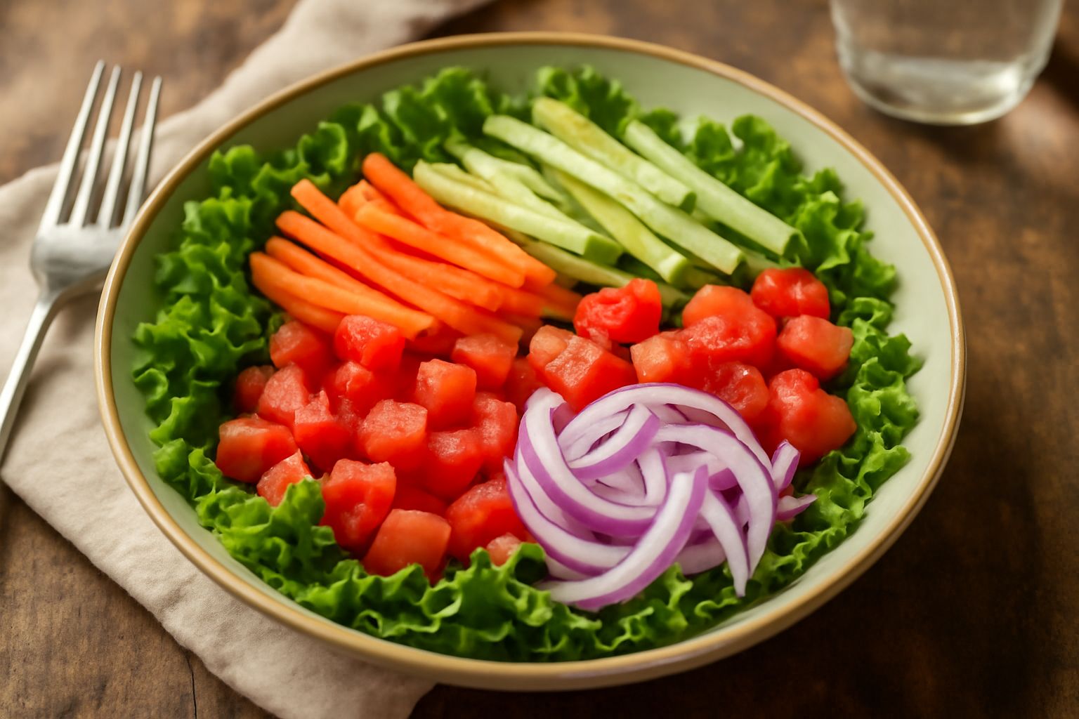 Ciotola di vetro con salata de verdure: pomodori rossi, cetrioli verdi, carote arancioni tagliate a bastoncini, cipolla bianca affettata, lattuga verde scuro, condita con olio e limone fresco