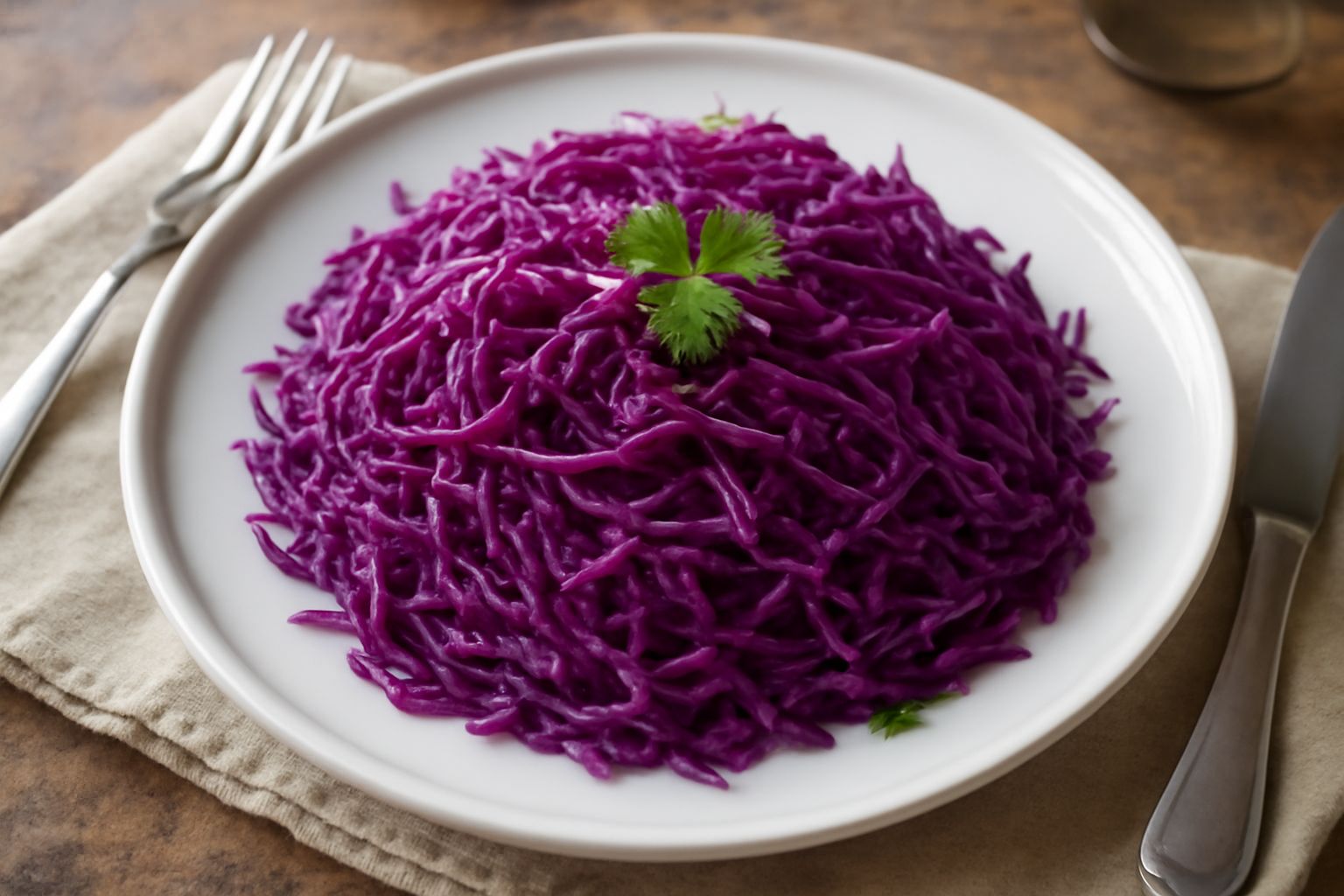 Cavolo cappuccio bianco e viola affettato finissimo, disposto in una ciotola di vetro bianca, condito con olio e aceto, con fettine lucide e croccanti, erba cipollina fresca sparsa in superficie