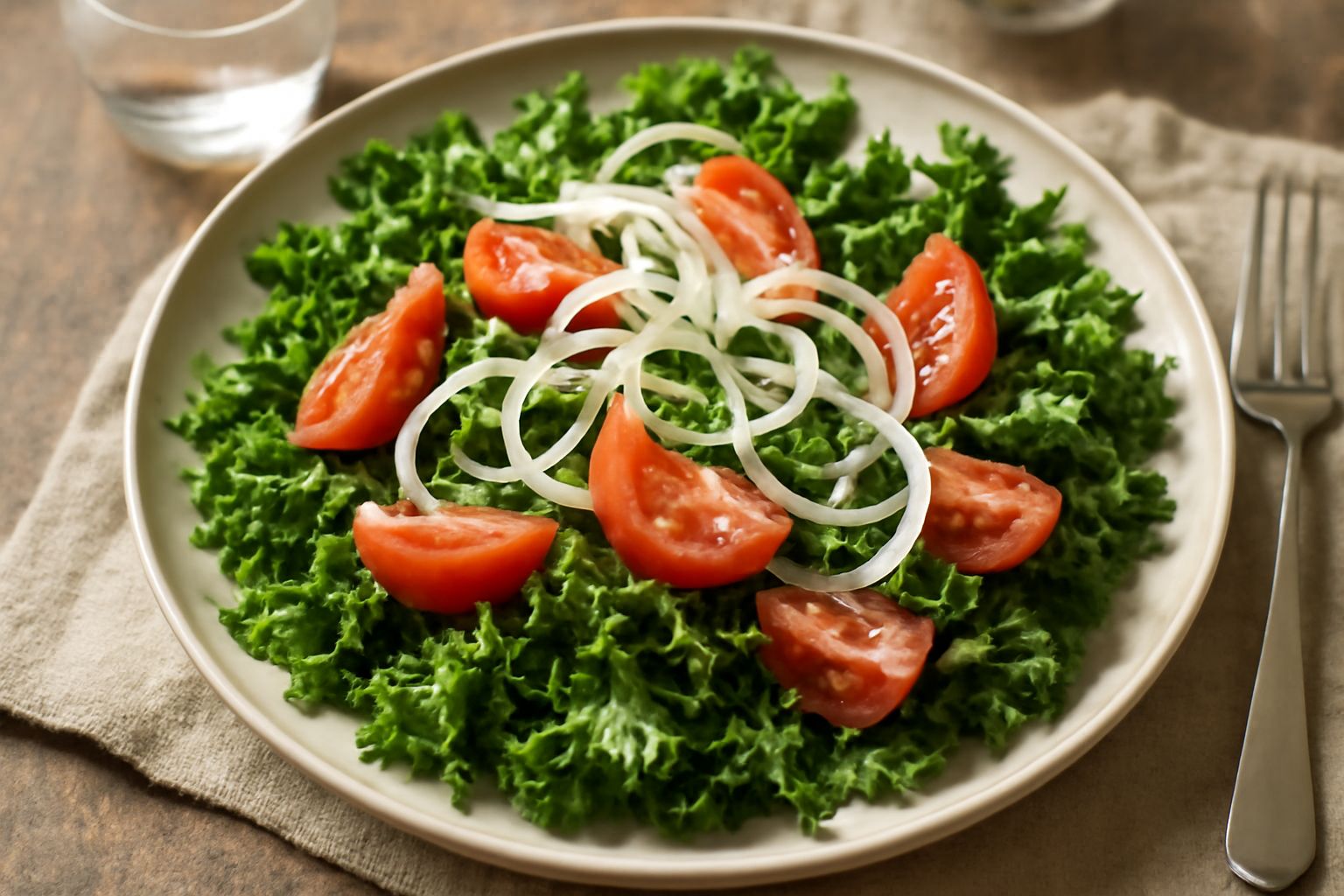 Insalata fresca in ciotola di ceramica bianca con foglie di cicoria verde scuro, pomodori rossi a fette, cipolla bianca e olio d'oliva dorato visibile in superficie
