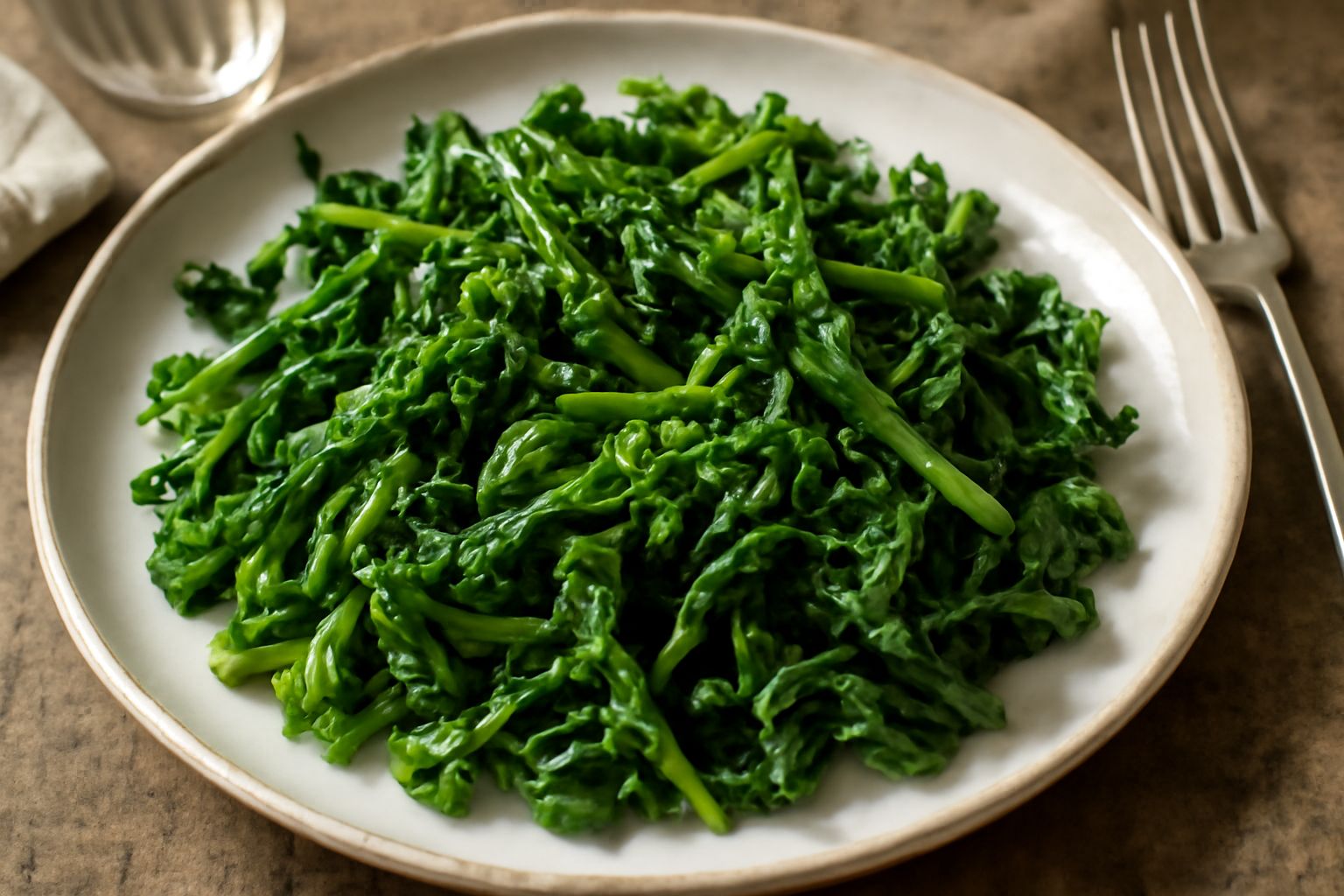 Piatto bianco con salata mista di erbe verdi scure, tarassaco giallastro, portulaca carnosa, cicoria riccia, condita con olio dorato e gocce di limone, foglie intere ben visibili