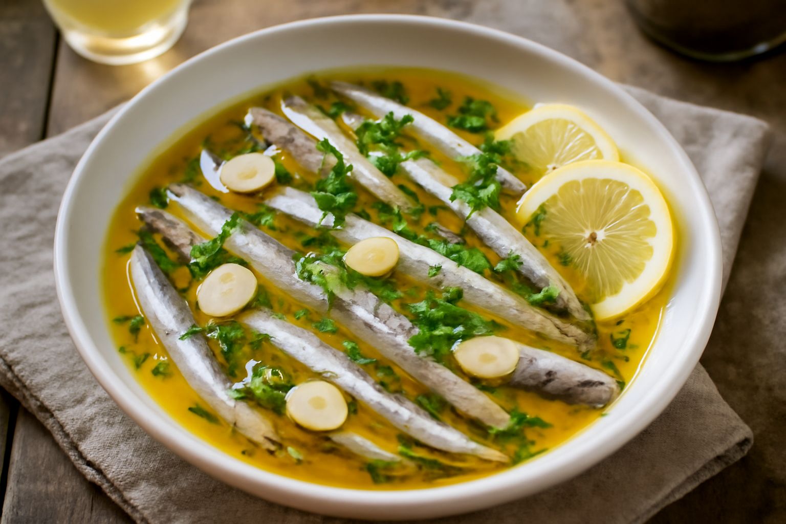 Piatto bianco con alici marinate, filetti argentei su letto di aceto trasparente, olio dorato, fettine di aglio bianche, prezzemolo verde fresco tritato, limone giallo affettato sul bordo