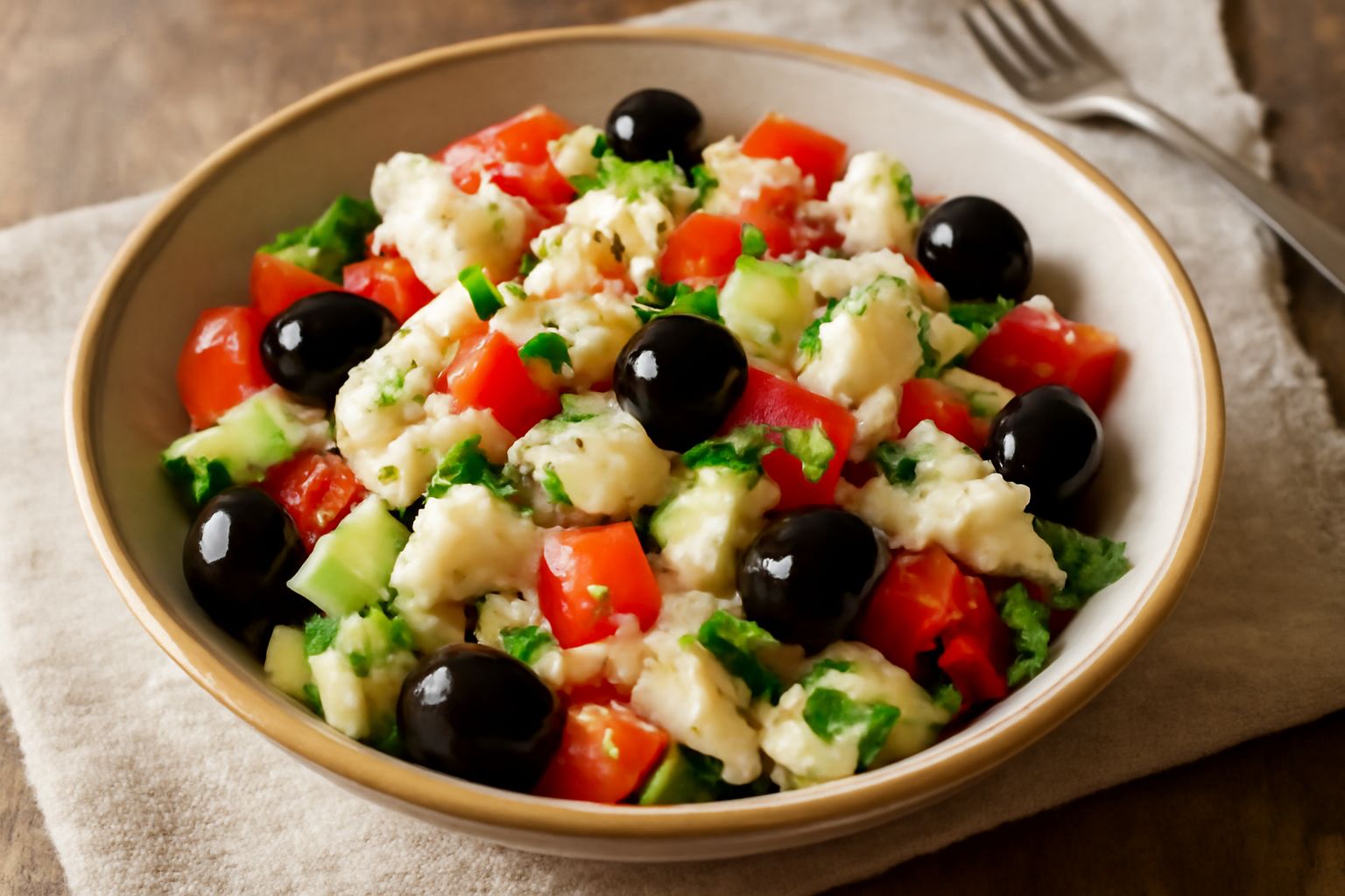 Insalata fredda di baccalà bianco e floccoso in una ciotola di terracotta, con pezzi di sedano verde crudo, cipolla rossa, pomodori rossi, olive nere e prezzemolo fresco verde brillante, condita con g