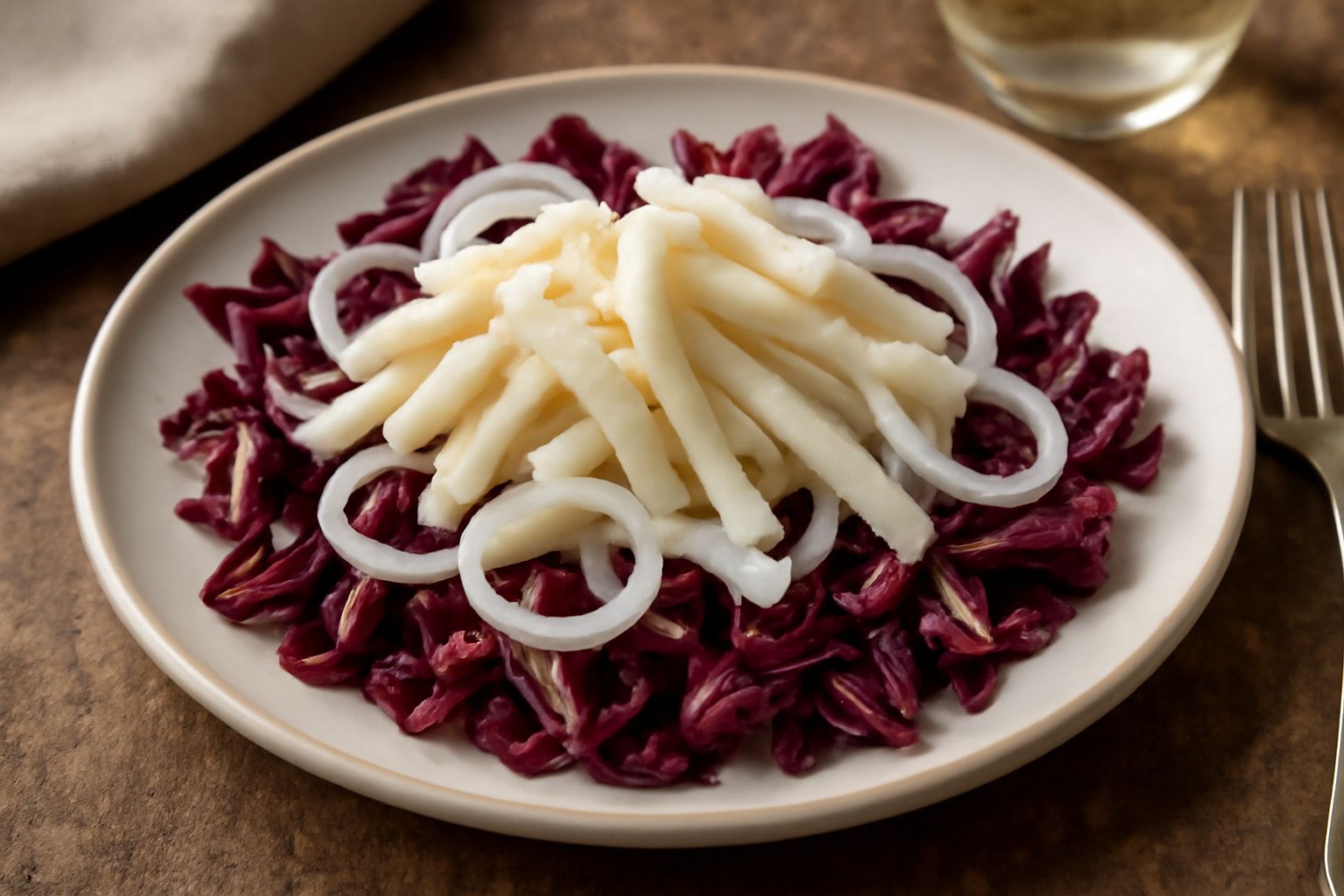 Insalata di baccalà affettato disposto su radicchio rosso tagliato a julienne, cipolla bianca finemente affettata, condita con olio dorato, servita in piatto bianco