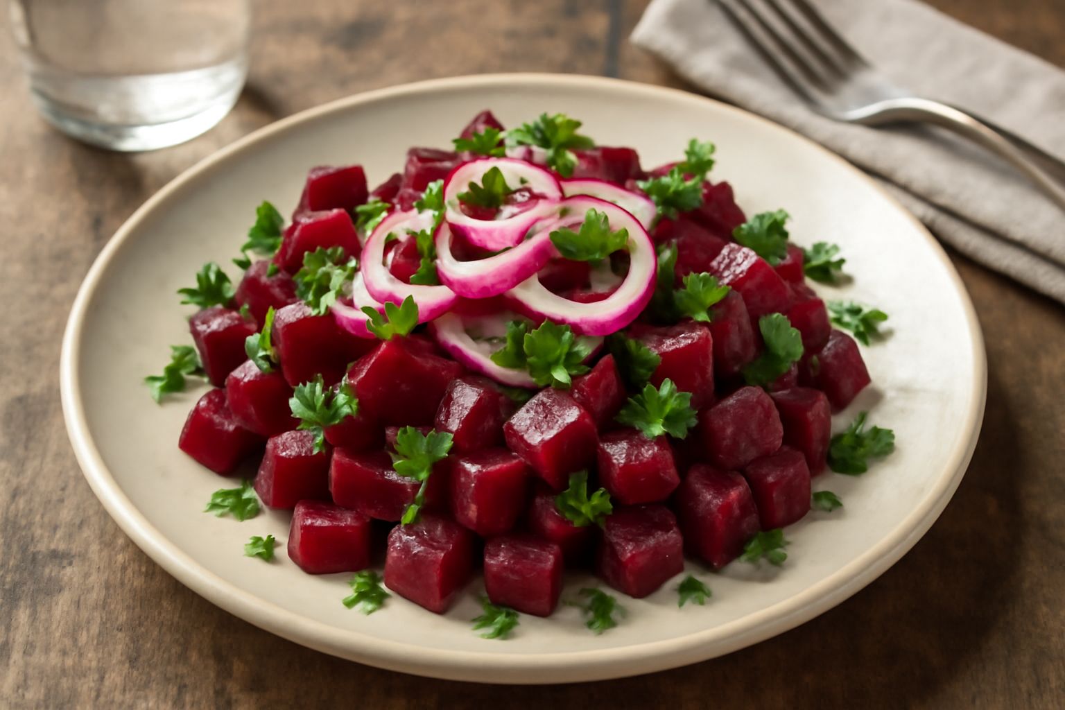 Insalata di barbabietola in piatto bianco: cubetti rosso scuro di barbabietola cotta, cipolla rossa, prezzemolo fresco verde, condimento lucido con olio, fetta di pane tostato a lato