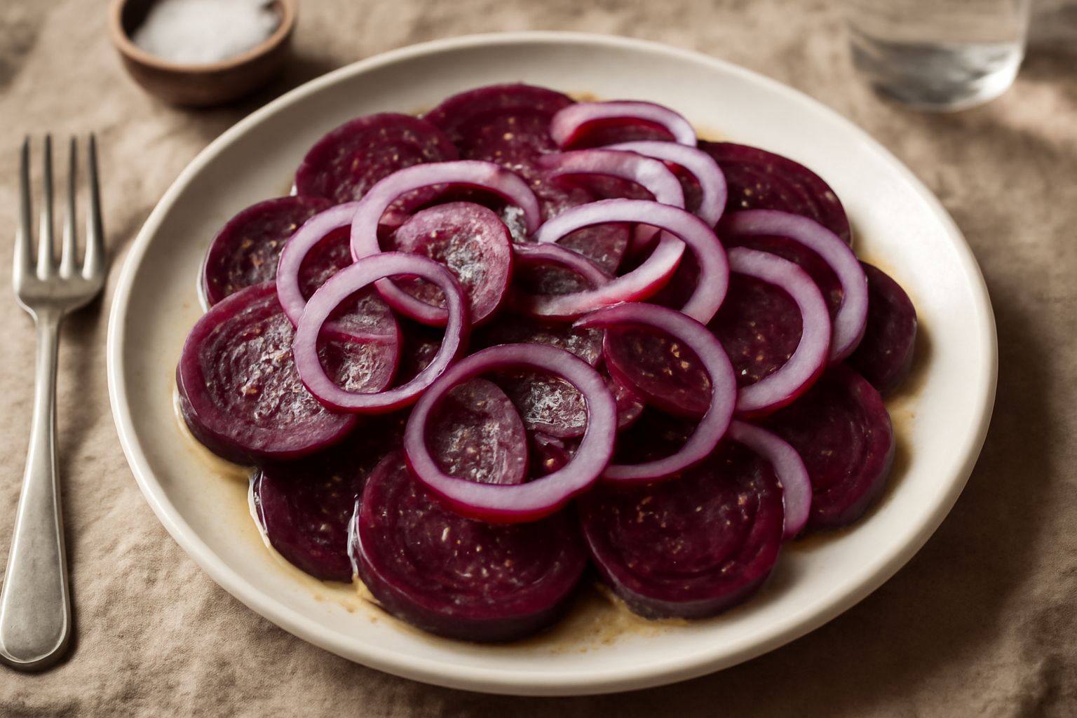 Insalata di barbabietole servita in piatto bianco: fette di barbabietola rossa profonda circondate da cipolla bianca affettata sottile, condite con olio d'oliva lucido e semi di sesamo bianco, su sfon