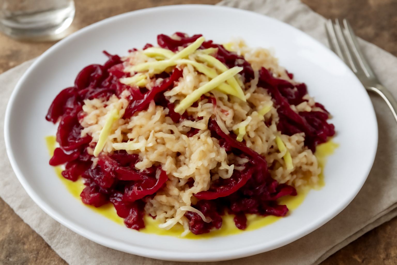 Piatto bianco con salata di barbabietole tagliate a julienne rosso scuro, crauti bianchi e gialli, fette sottili di mela verde, il tutto condito con olio e semi neri, foglie di prezzemolo fresco come 