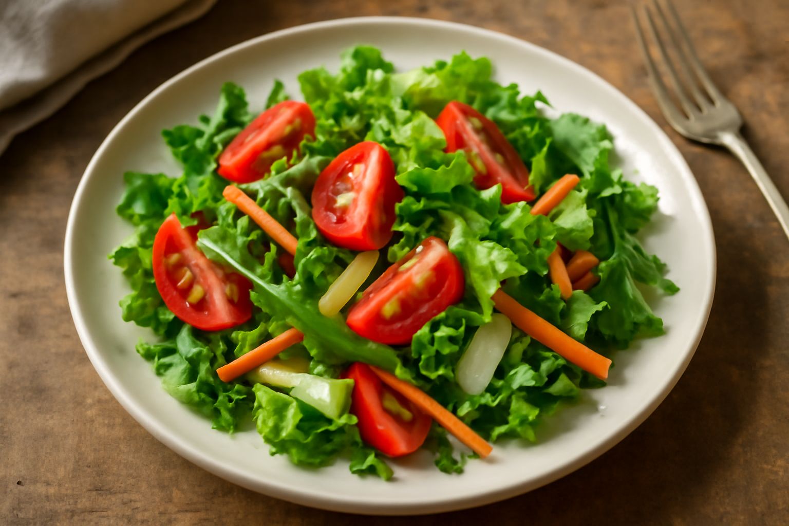 Insalata mista servita in una ciotola bianca, con foglie verdi di rucola e lattuga, pomodori rossi tagliati, cetrioli, carote julienne, condita con olio d'oliva trasparente e limone
