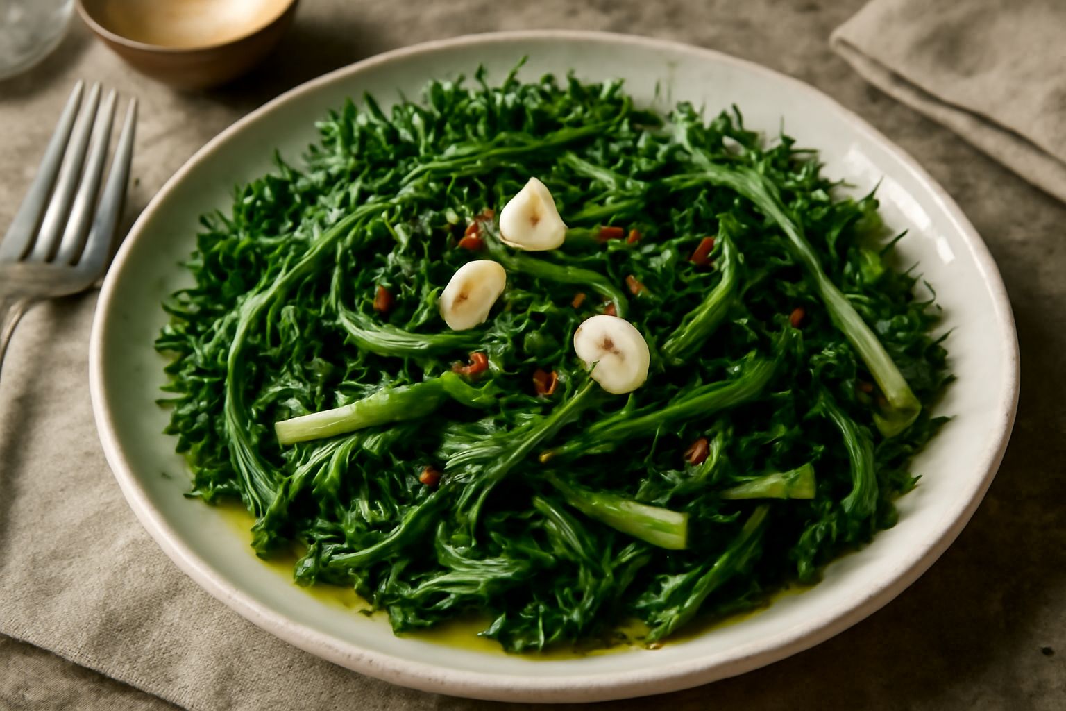 Insalata di catalogna servita in una ciotola bianca, con foglie verdi scure e nervature bianche croccanti, condita con olio e gocce di aceto, con aglio e peperoncino sbriciolati in superficie