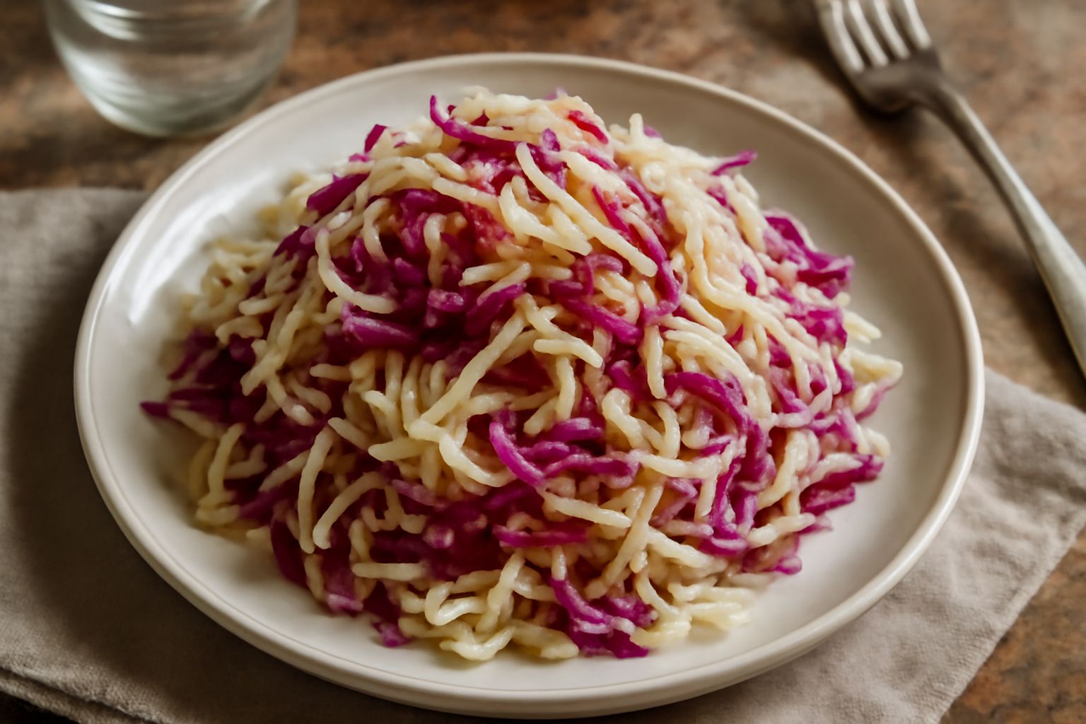 Insalata di cavoli rosso e bianco finemente affettati, conditi con olio dorato e limone fresco, in una ciotola di ceramica bianca con bordo tondo