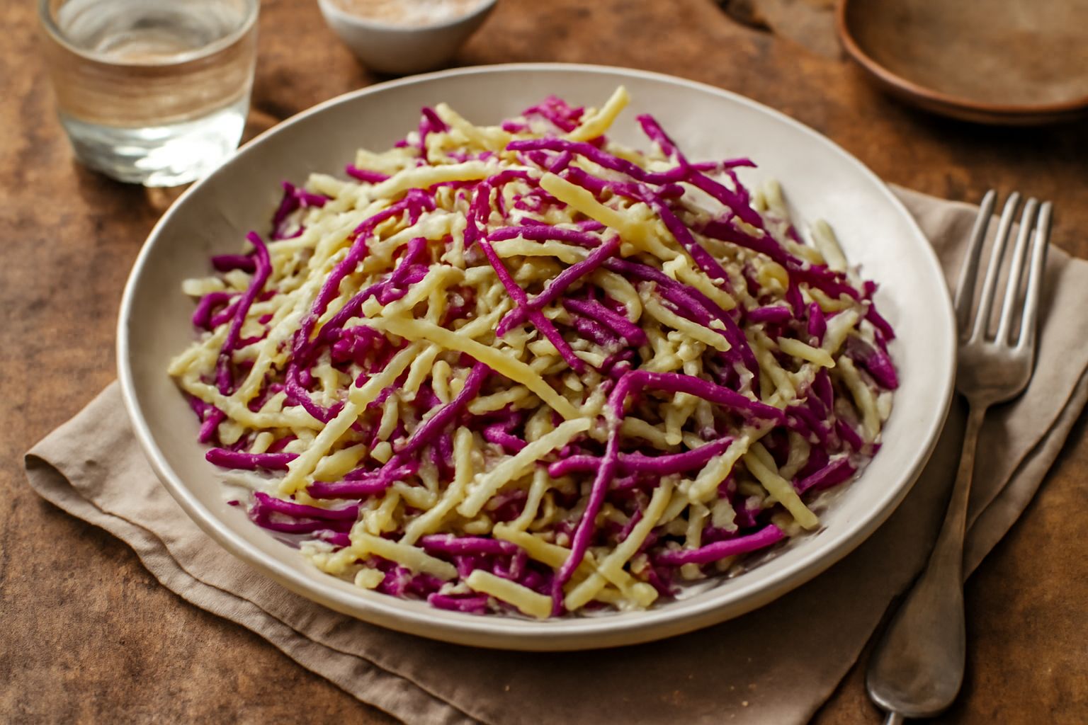Insalata di cavolo cappuccio rosso e bianco affettato sottile in una ciotola, condita con olio lucido, condimento giallo chiaro, visibile la consistenza croccante delle strisce
