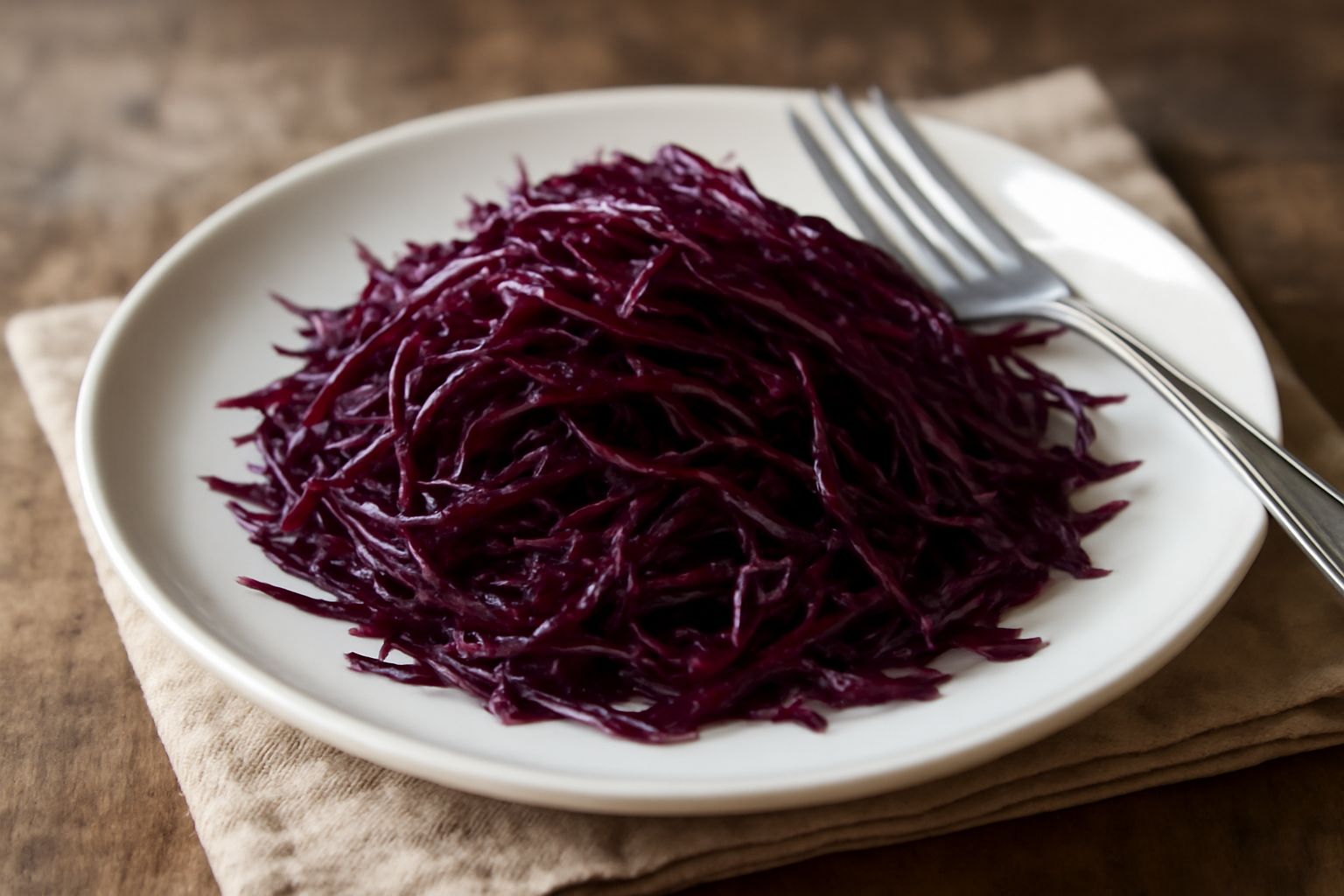 Insalata di cavolo rosso affettato finemente in una ciotola bianca, condita con olio e aceto, con strips di cavolo viola brillante ben distinte e foglie croccanti visibili
