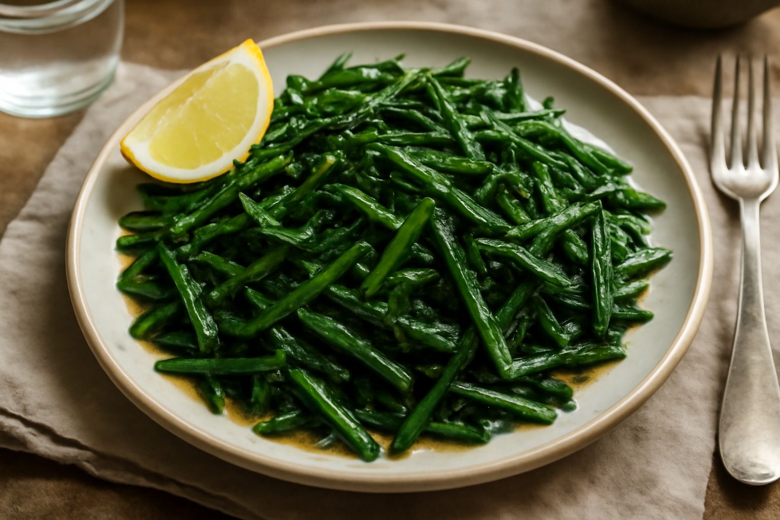 Cicoria verde scuro a strisce sottili in ciotola bianca, condita con olio giallo e pepe nero, con spicchi di limone sul bordo del piatto