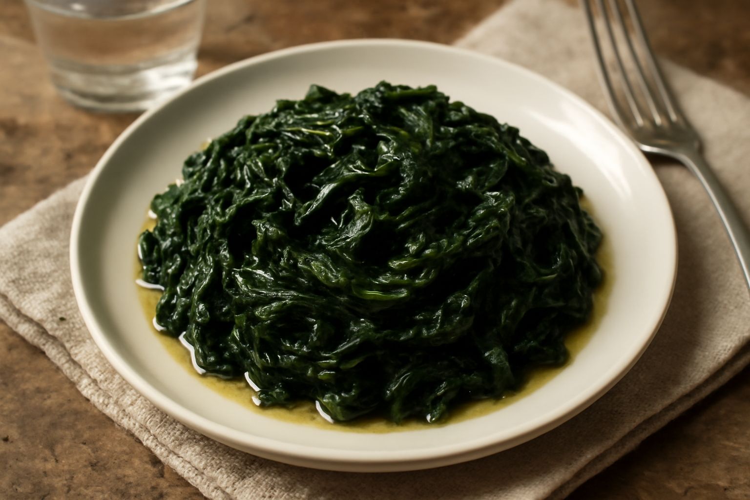 Cicoria verde scuro ripassata in padella con aglio dorato, olio lucido, filo di peperoncino rosso, servita in piatto bianco su tavolo di legno