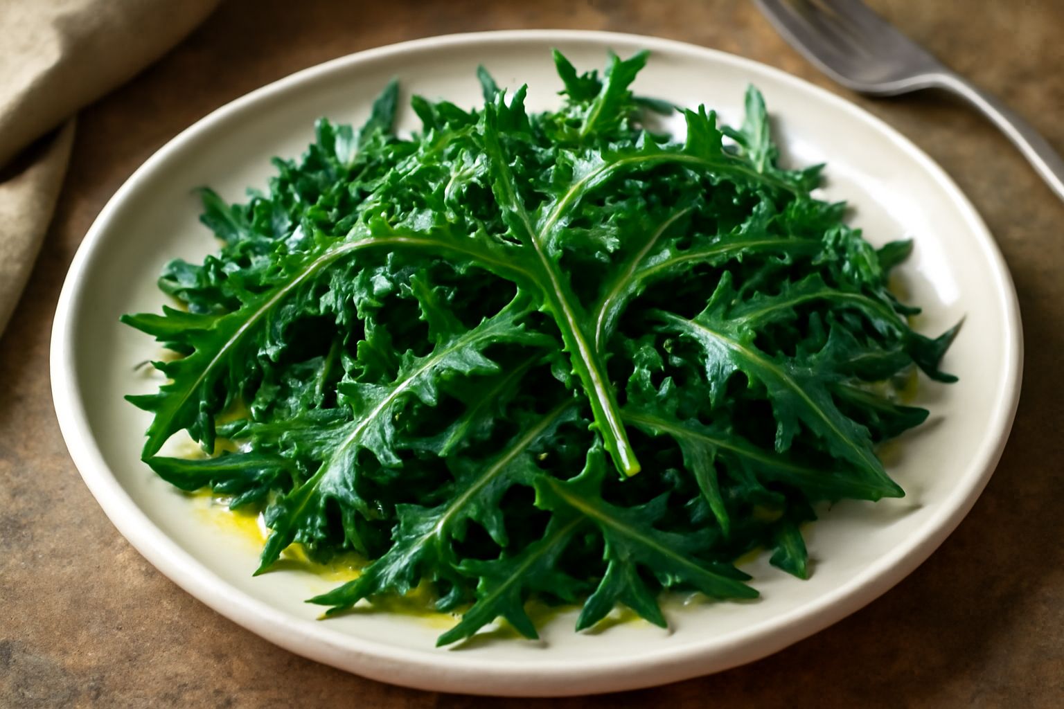 Insalata di cicoria selvatica in una ciotola bianca, foglie verdi scure e frastagliate, visibilmente bagnate di olio, con scaglie di sale marino visibili, limone affettato sul bordo, fondo bianco neut