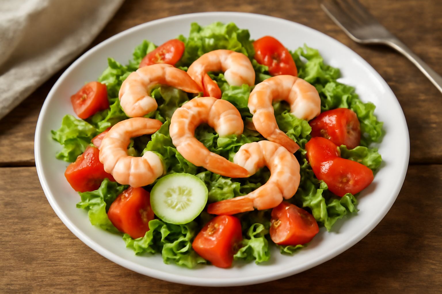 Insalata in ciotola bianca con gamberi rosa, lattuga verde chiaro, pomodori rossi a dadini, cetriolo verde e cipolla viola sottile, condita con olio e limone