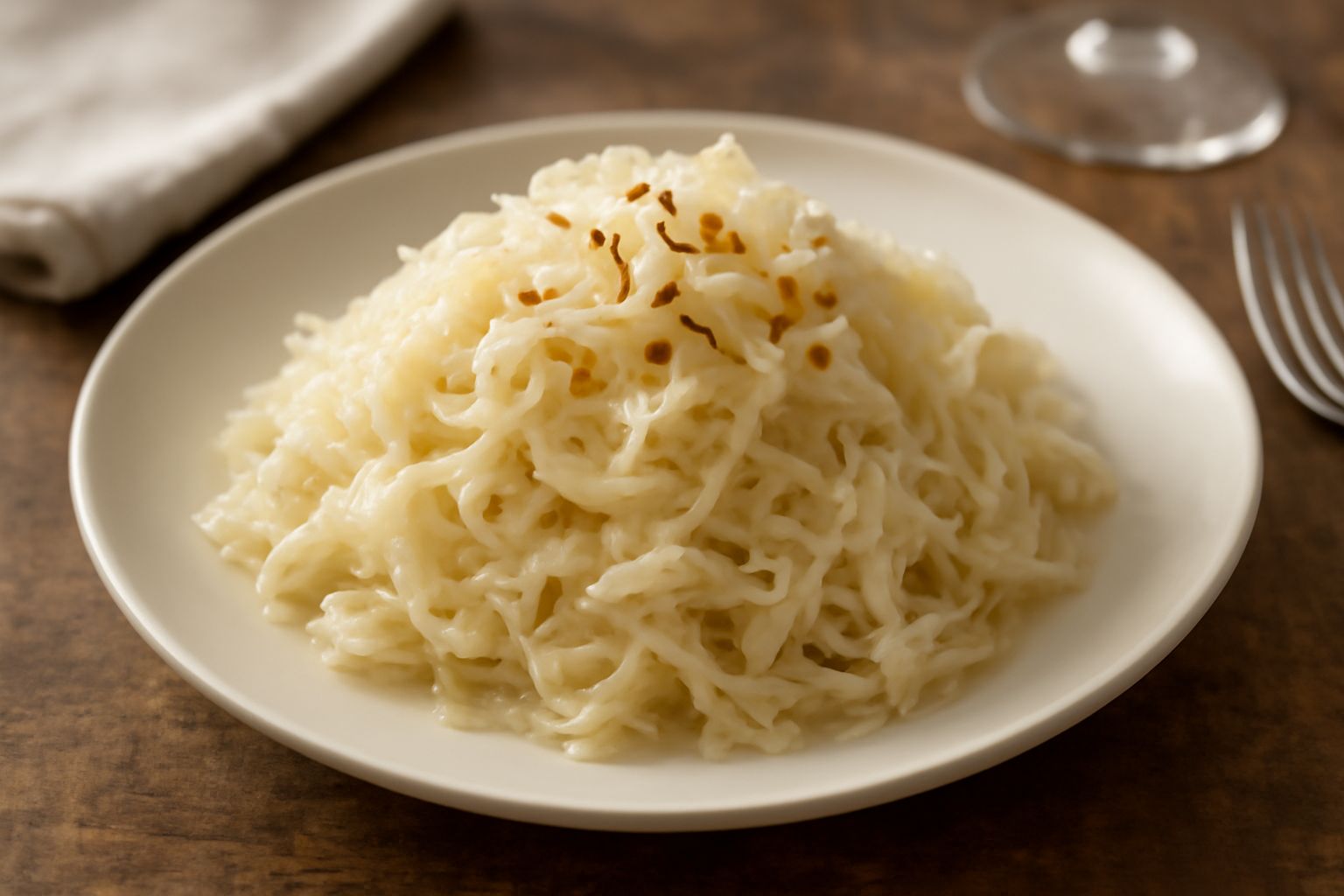 Insalata di crauti bianco-crema in ciotola di ceramica bianca, con fili di cavolo fermentato croccanti visibili in superficie, condimento lucido di olio, contorno di semi di cumino sparsi e qualche fo