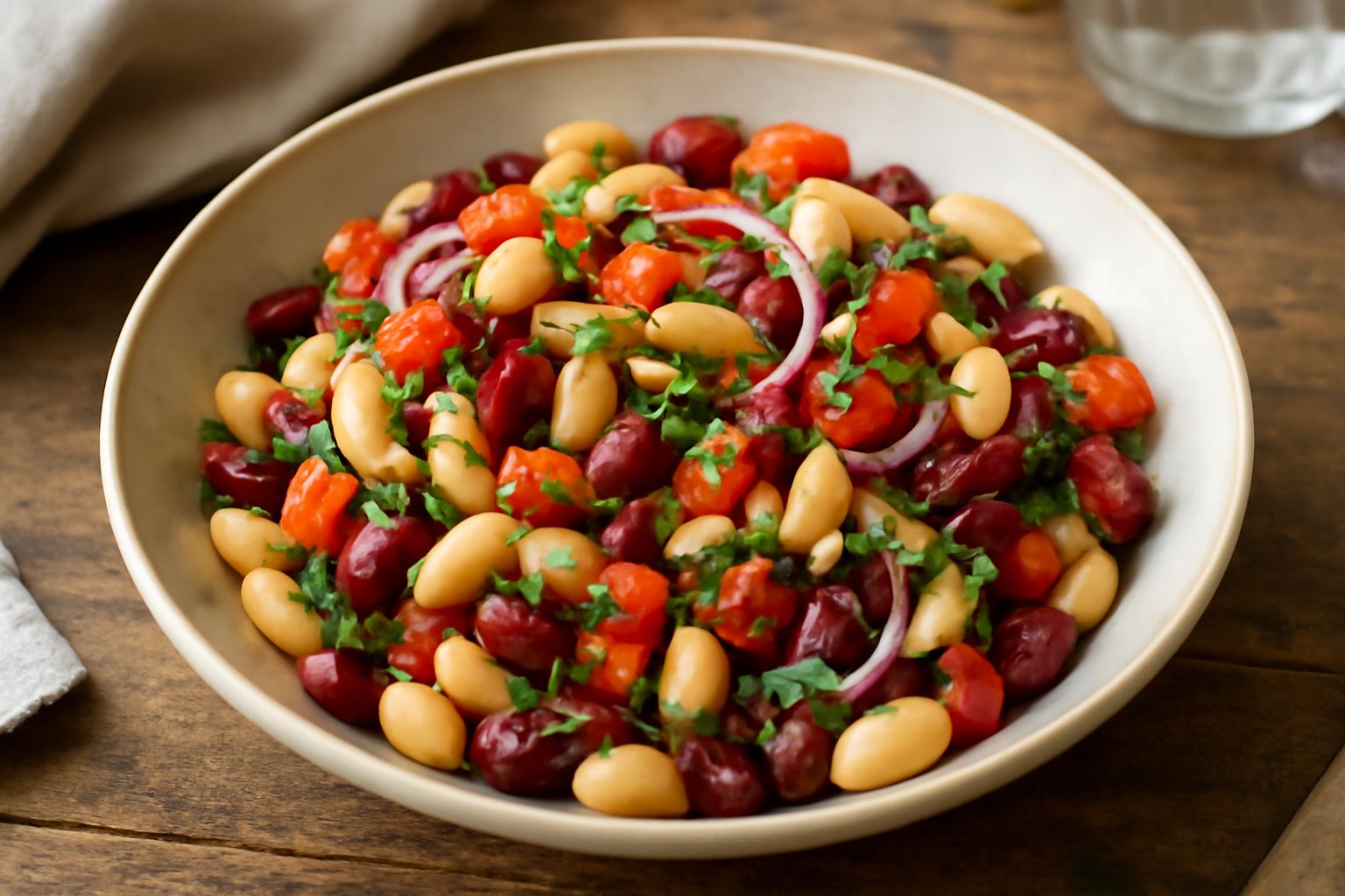 Insalata di fagioli bianchi e rossi in una ciotola bianca, con pomodori rossi, cipolla rossa affettata, prezzemolo verde e gocce di olio d'oliva visibili sulla superficie