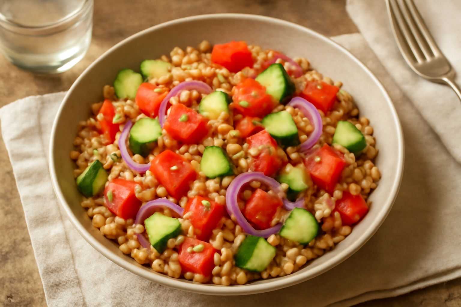 Insalata di farro in ciotola bianca: chicchi di farro beige e morbidi, pomodori rossi tagliati, cetriolo verde, cipolla rossa, foglie di prezzemolo fresco e feta bianca. Olio lucido visibile sulla sup