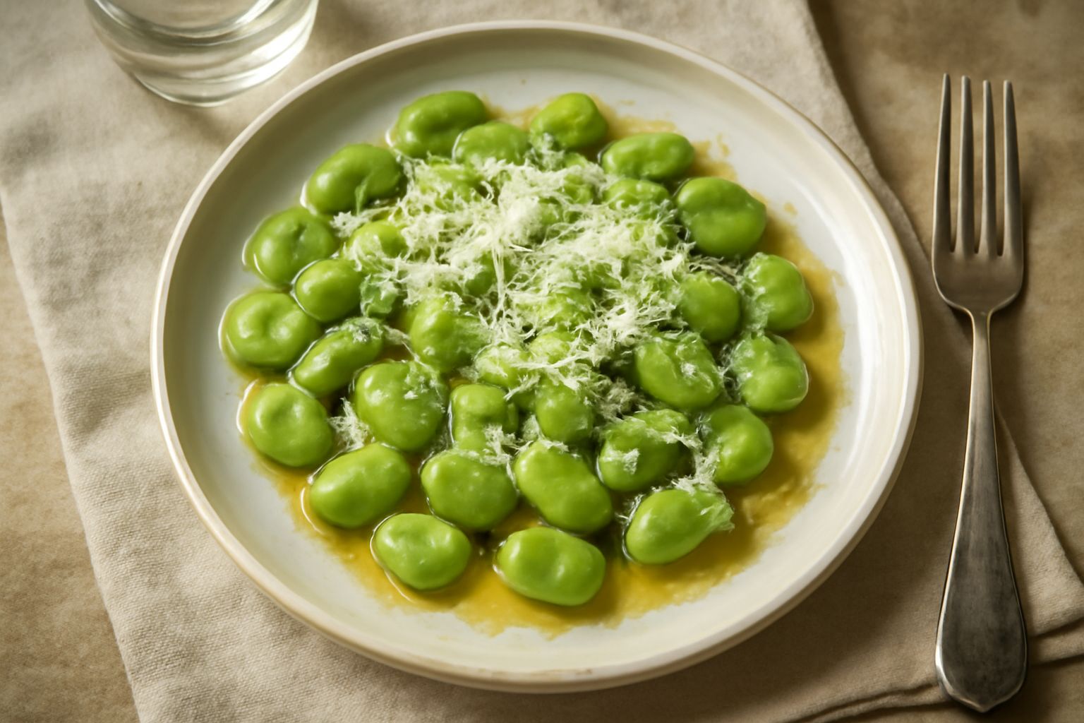 Ciotola bianca con fave verdi brillanti sgusciate, condite con olio leggero, sale grosso visibile, bucatini di pecorino romano grattugiato e fettine sottili di limone fresco