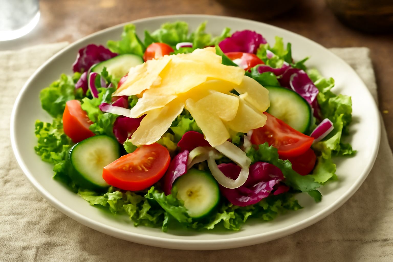 Insalata in una ciotola bianca con lattuga verde, rucola, pomodori rossi, radicchio viola, scaglie dorate di formaggio pecorino, crostini di pane tostato e gocce di olio dorato