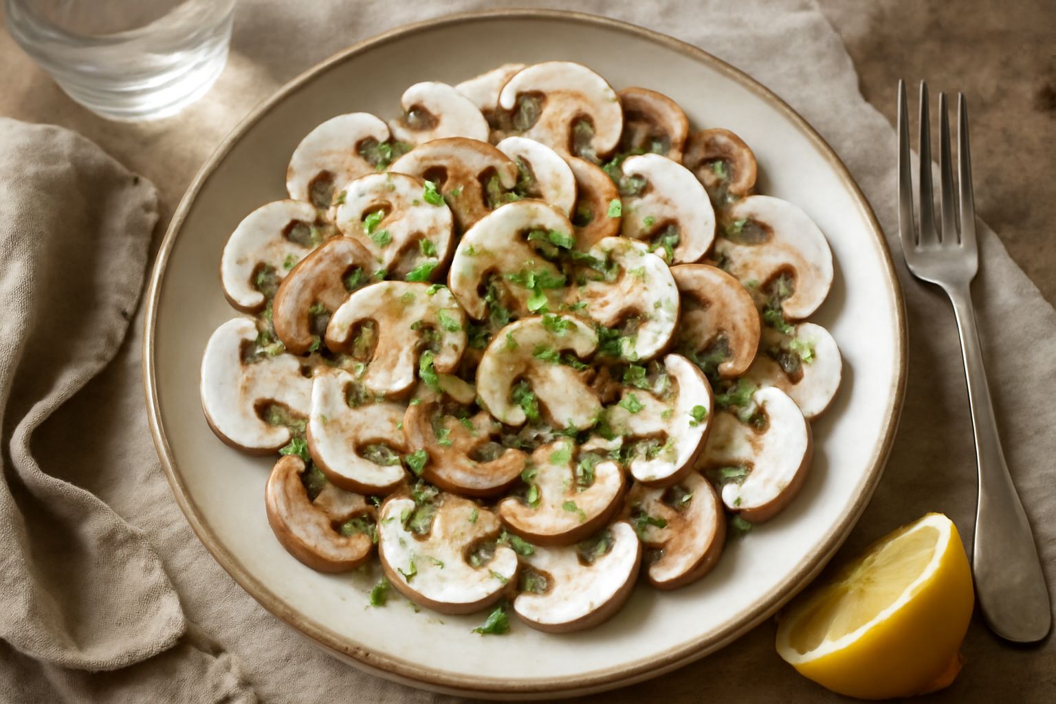 Insalata di funghi prataioli bianchi e marroni tagliati a lamelle sottili in una ciotola bianca, conditi con olio verdastro e scaglie di parmigiano dorato, con fettine di limone sul bordo