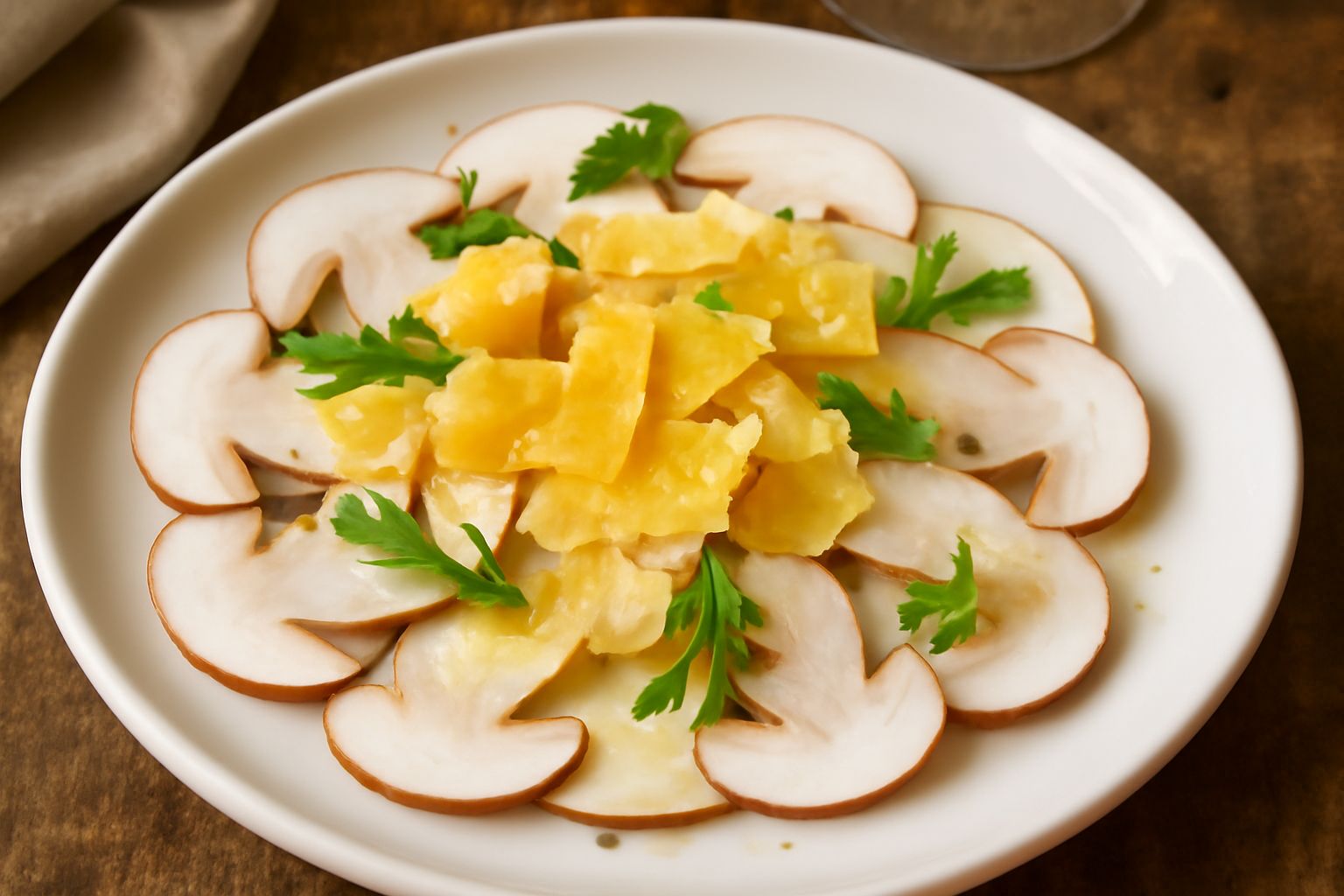Funghi porcini affettati sottilmente disposti su piatto bianco, scaglie di parmigiano giallo, gocce di olio verde, foglia di prezzemolo fresco in cima, fondo bianco neutro