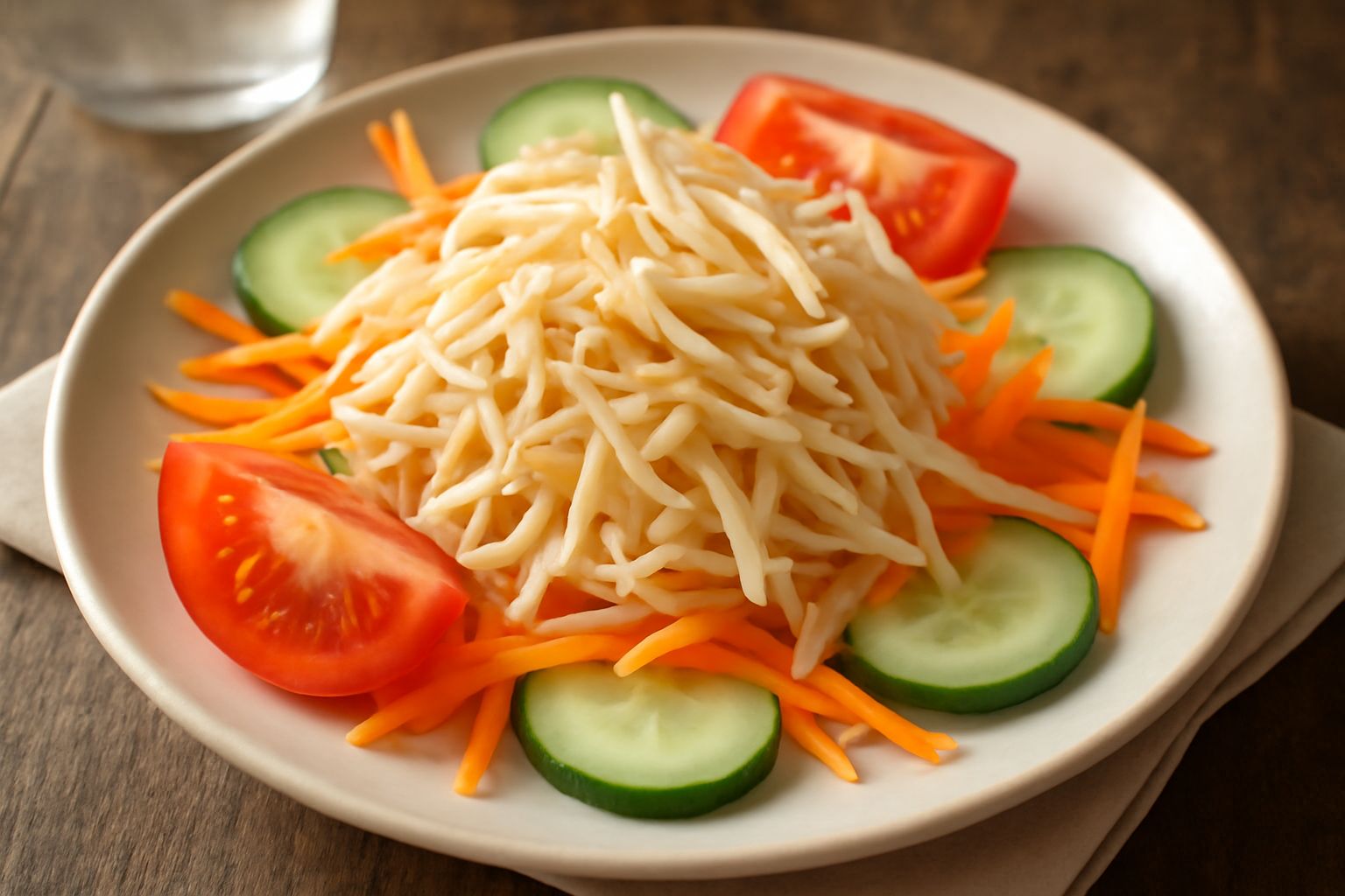 Insalata di germogli di soia crudi bianchi e giallognoli disposti su piatto bianco, con carote tagliate a julienne arancioni, cetriolo verde pallido a fette sottili, pomodori rossi a spicchi, condita 