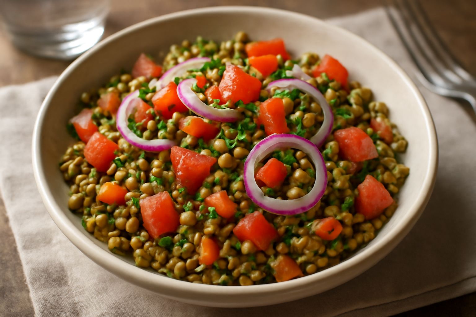 Insalata di lenticchie in una ciotola bianca con lenticchie gialle e rosse, dadi di pomodoro rosso, rondelle di cipolla rossa, prezzemolo verde, disposti su sfondo di tavolo in legno chiaro