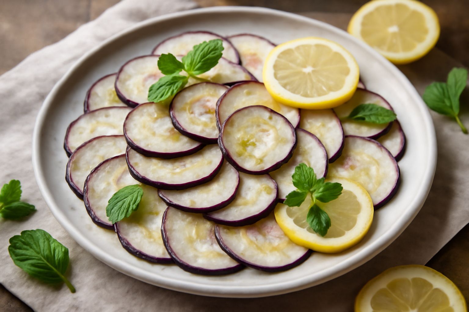 Piatto di melanzane affettate sottilissime, violacee e bianche alternate, condite con olio d'oliva trasparente, fettine di limone giallo, foglioline di menta fresca verde e grani di sale marino sparsi