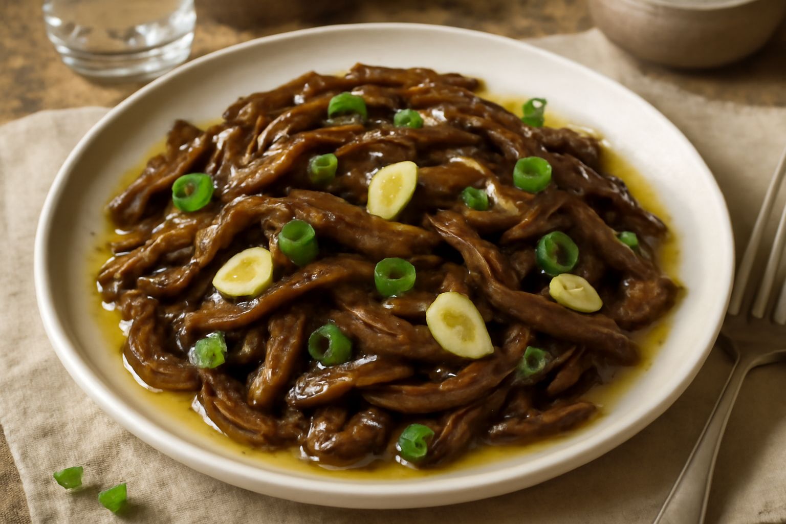 Melanzane grigliate tagliate a striscioline, lucidate dall'olio, con gocce di aceto, aglio affettato e foglie di origano fresco in un piatto bianco, servite a temperatura ambiente