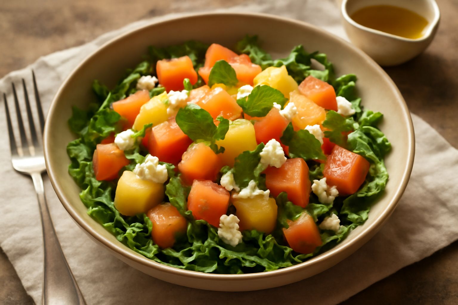 Insalata di melone in una ciotola bianca: cubetti di melone arancione su letto di rucola scura, decorata con foglie di menta fresca verde, feta bianca sbriciolata e gocce di olio d'oliva