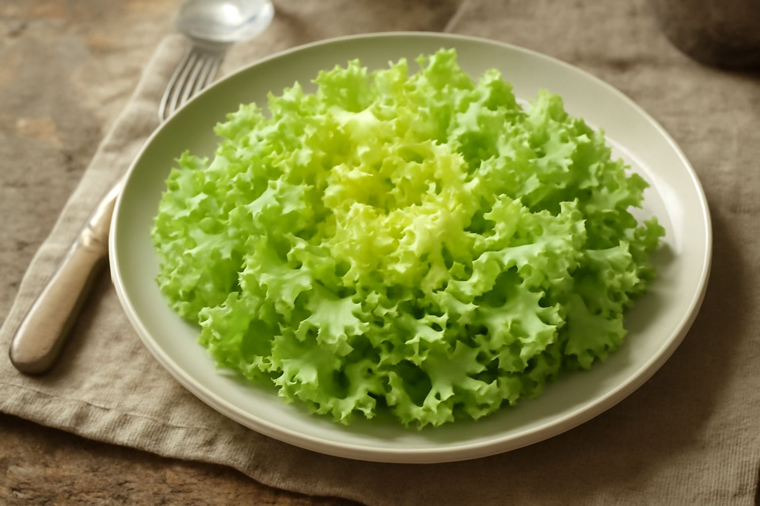 Salata di muschio fresca con foglie arricciate di colore verde chiaro, servita in una ciotola di ceramica bianca con gocce di acqua sulle foglie, condita con olio e limone, su un tavolo di legno grigi